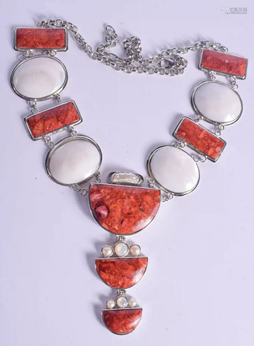 A SILVER AND HARDSTONE NECKLACE. 104 grams. 57 cm long.