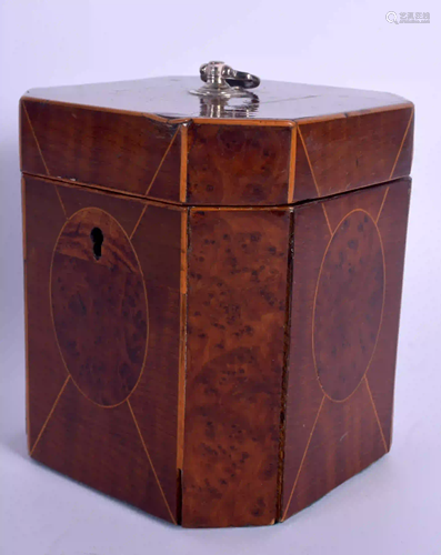 A GEORGE III BURR WALNUT SINGLE DIVISION TEA CADDY. 12