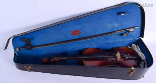 A TWO PIECE BACK VIOLIN with bow. 57 cm long. (2)