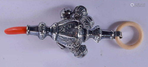 A SILVER RATTLE. 32 grams. 13 cm long.