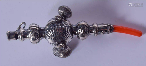 A SILVER RATTLE. 32 grams. 13 cm long.