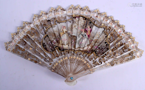 AN EDWARDIAN PAINTED MOTHER OF PEARL FAN. 29 cm wide.