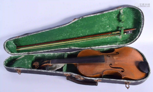 A TWO PIECE BACK VIOLIN with bow. 57 cm long. (2)