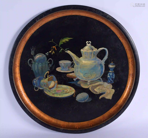 A LONDON DECORATED PAINTED TOLEWARE TRAY. 47 cm