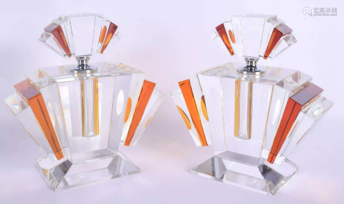 A PAIR OF ART DECO STYLE GLASS SCENT BOTTLES. 24 cm x