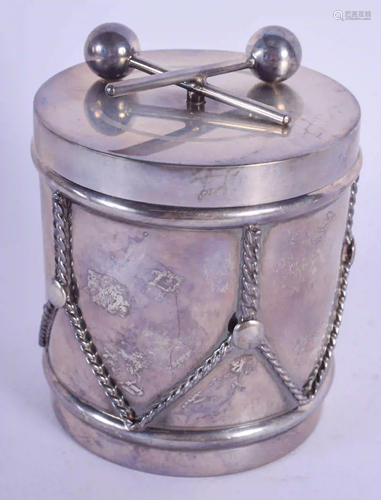 A LOVELY FRENCH CARTIER SILVER DRUM FORM WHISKEY