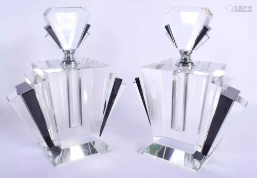 A PAIR OF ART DECO STYLE GLASS SCENT BOTTLES. 24 cm x