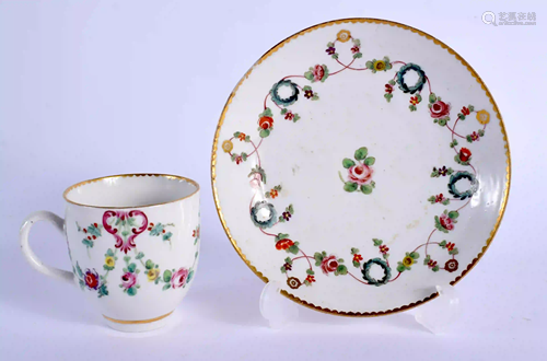 18th c. Bristol teacup and saucer painted with wreathes