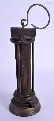 A HARDY PATENT MINERS LAMP. 24 cm high excluding