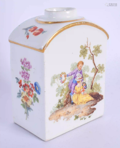 AN 18TH CENTURY MEISSEN PORCELAIN TEA CANISTER painted