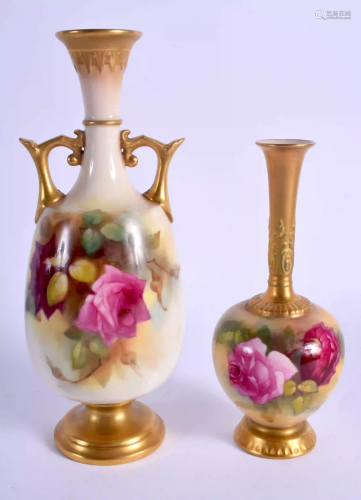 A ROYAL WORCESTER TWO HANDLED VASE painted with Hadley
