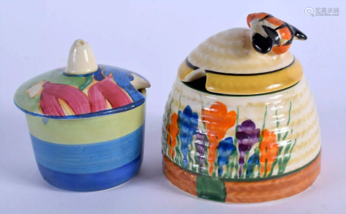 TWO ART DECO CLARICE CLIFF PRESERVE POTS AND COVERS.