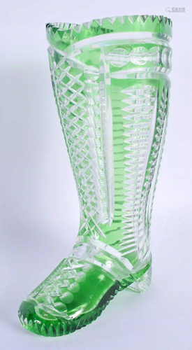 A VINTAGE BOHEMIAN GREEN GLASS BOOT VASE. 20 cm high.