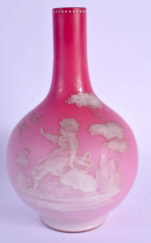 A LATE VICTORIAN PINK OPALINE GLASS VASE enamelled with