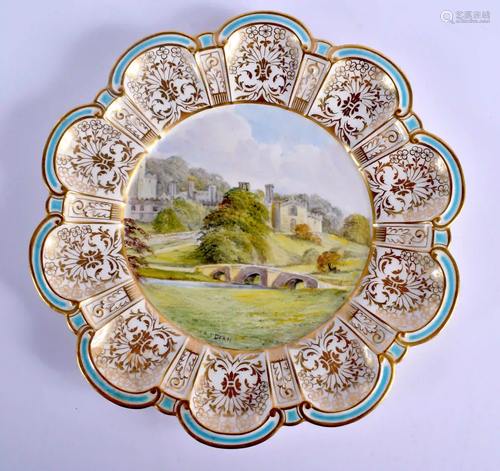 ROYAL CROWN DERBY OF LOBED SHAPE painted with a view of