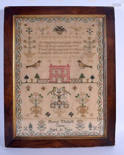 AN ANTIQUE SAMPLER by Harriet Coney. Image 40 cm x 30