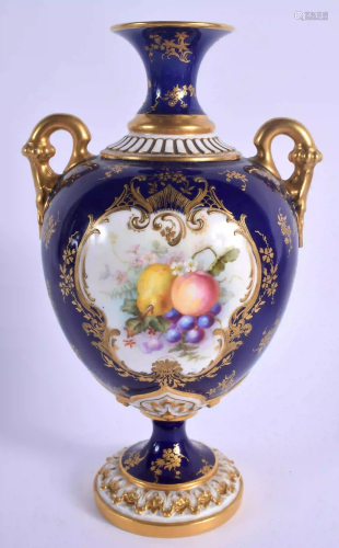 Royal Worcester two handled vase with fruit on a blue