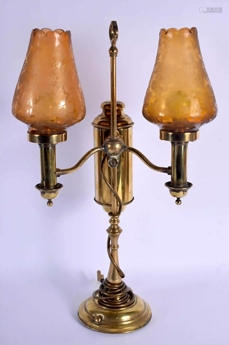 AN ANTIQUE BRASS STUDENTS LAMP with original shades. 54