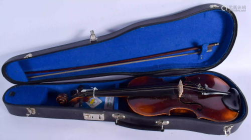 A TWO PIECE BACK STAINER VIOLIN with Tourte bow. 57 cm