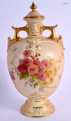 Royal Worcester blush bone vase and cover painted with