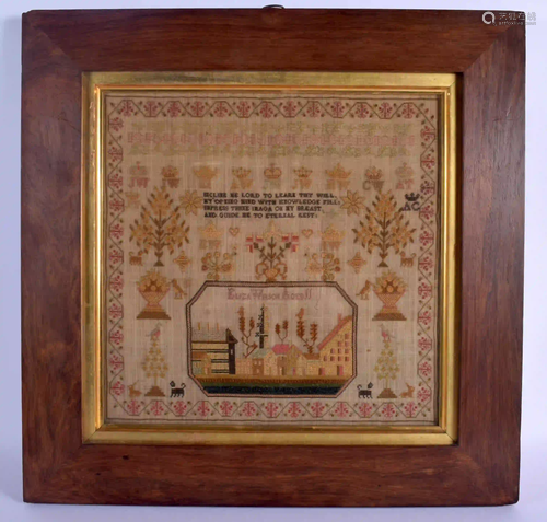 AN ANTIQUE SAMPLER by Eliza Wilson. Image 34 cm square.