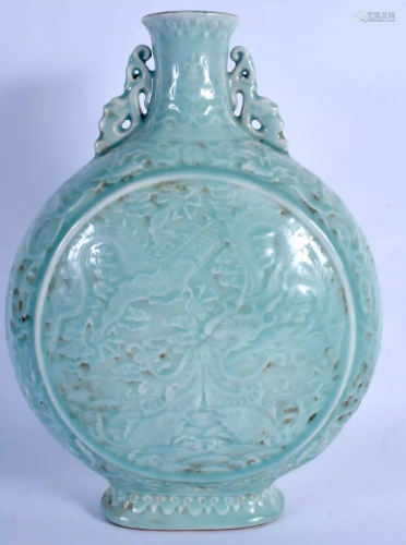 A LARGE CHINESE TWIN HANDLED CELADON MOON FLASK …