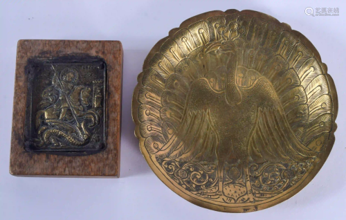 AN EARLY 20TH CENTURY INDIAN BRASS DISH together with