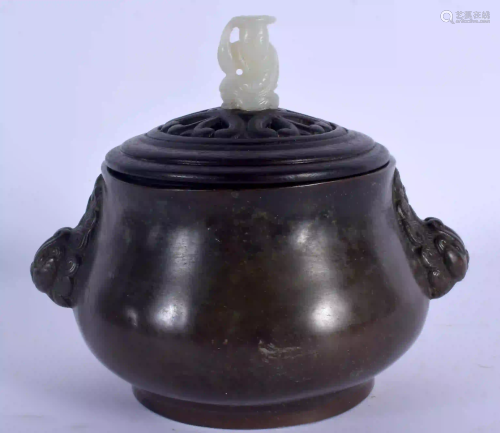A 19TH CENTURY CHINESE BRONZE CENSER Qing, with jade