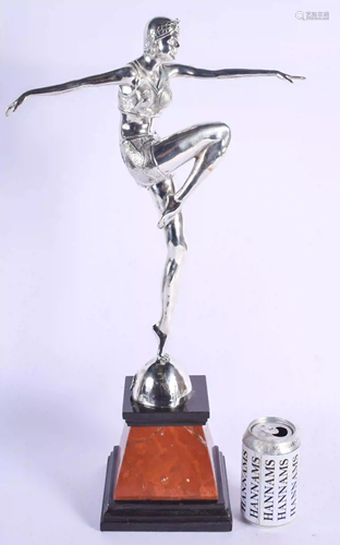 A CONTEMPORARY SILVERED BRONZE FIGURE OF A DECO DANCER.