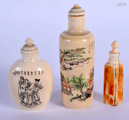 THREE EARLY 20TH CENTURY CHINESE PAINTED BONE SNUFF