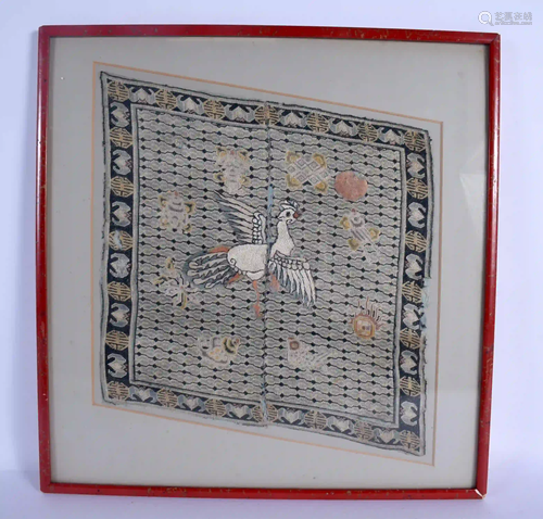 A CHINESE QING DYNASTY FRAMED SILK RANK BADGE depicting