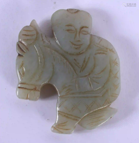 A 19TH CENTURY CHINESE JADE FIGURE OF A BOY & HOBBY