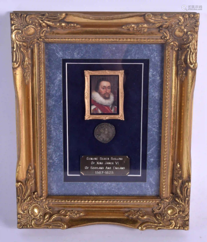 A FRAMED KING JAMES VI SILVER SHILLING. 26 cm x 20 cm.