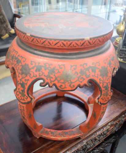 A 19TH CENTURY CHINESE CARVED RED LACQUER DRUM FORM