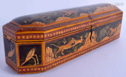 AN UNUSUAL INDIAN PERSIAN WOODEN PAINTED PEN BOX. 30 cm