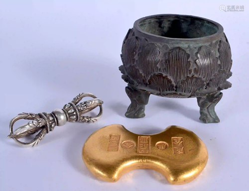 A CHINESE BRONZE CENSER together with a yellow metal