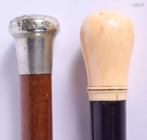 AN ANTIQUE BONE HANDLED WALKING CANE together with