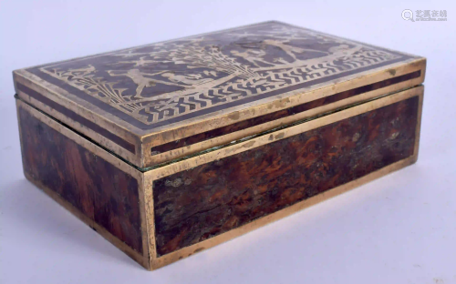 AN ART DECO BRASS INLAID CARVED WOODEN BOX decorated