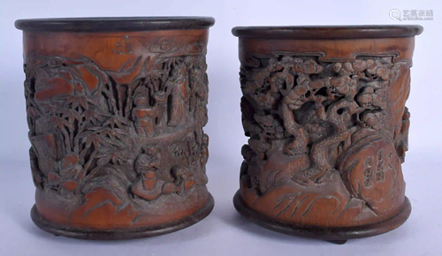 A PAIR OF CHINESE CARVED BAMBOO BRUSH POTS 20th