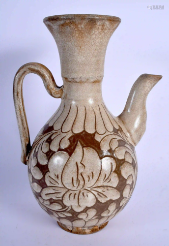 A LARGE 19TH CENTURY CHINESE POTTERY EWER carved with