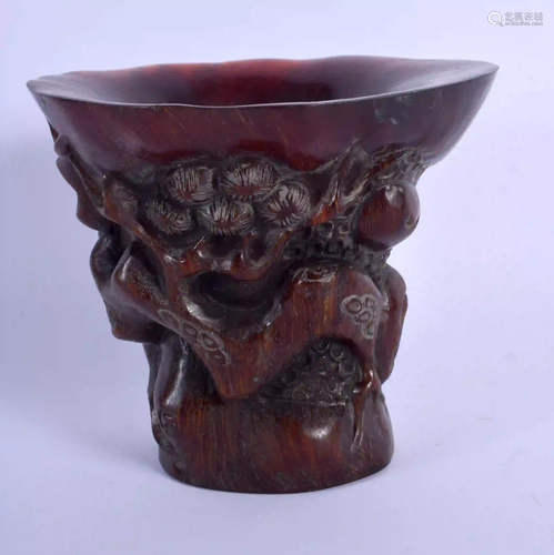 A CHINESE CARVED BUFFALO HORN LIBATION CUP 20th