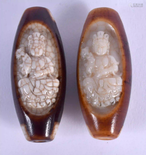 TWO CHINESE TIBETAN AGATE BEADS 20th Century. 5 cm