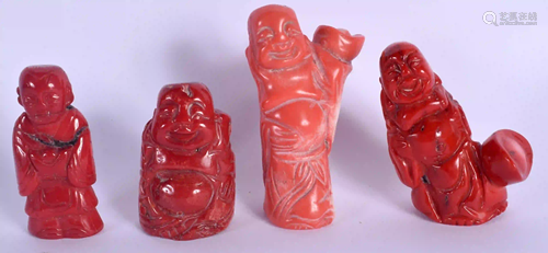 FOUR CHINESE CORAL CARVED FIGURES 20th Century. Largest