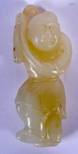 A CHINESE CARVED GREENISH WHITE JADE FIGURE OF A BOY