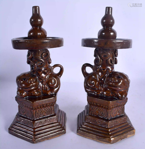 A PAIR OF 19TH CENTURY CHINESE BROWN GLAZED POTTERY