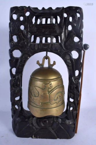 A 19TH CENTURY CHINESE HARDWOOD BRASS HANGING BELL