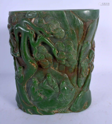 A LARGE CHINESE CARVED JADE BRUSH POT 20th Century,