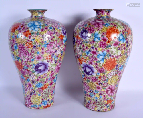 A PAIR OF CHINESE FAMILLE ROSE BALUSTER PORCELAIN VASES
