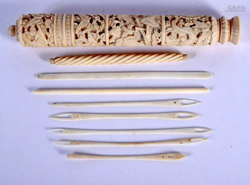 A 19TH CENTURY CHINESE CANTON BONE NEEDLE CASE AND