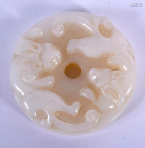 A CHINESE CARVED CHILONG WHITE JADE BI DISC 20th